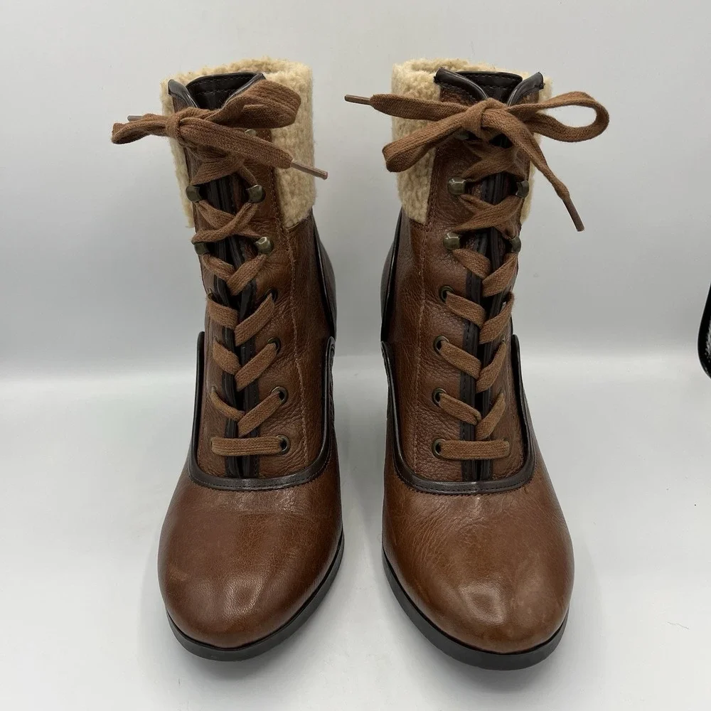 Franco Sarto Ankle Boot‎ Wedge Leather Sherpa Womens 7.5 Brown Lace Up Waverly